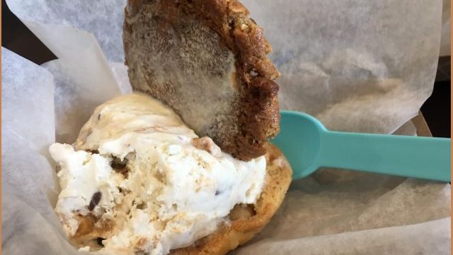 Peanut butter cookie and white chocolate macadamia nut cookie with toffee icecream