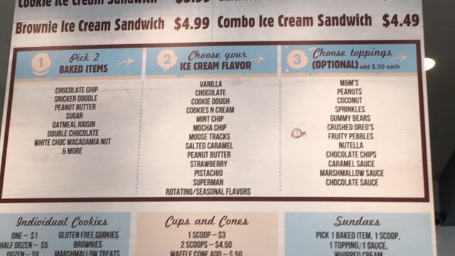 The Cream Bar's extensive menu