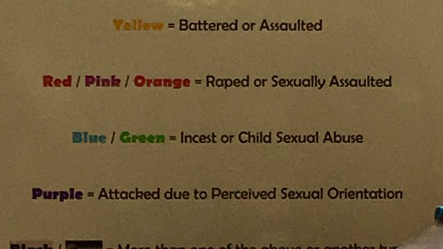 The poster in The Clothesline Project exhibit that tells what each color shirt represents.