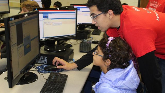 Yousef Ahmed, '19, shows a piece of code in action.
