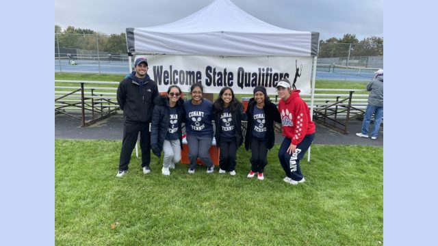 Coach Matthew Marks, Jessica Hernandez-Goncalves, ‘22, Sruthi Sundar, ‘23, Riya Jain, ’22, Nirali Patel, ’22, and Kaitlyn Strilich, '25, (left to right) at the IHSA state tournament. Photo courtesy of Matthew Marks.