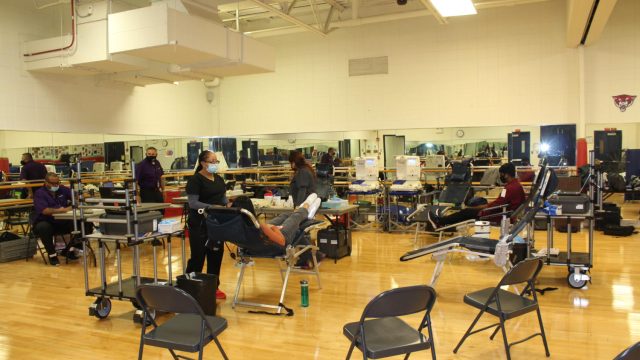 The multi-purpose room was transformed into a blood giving clinic, complete with beds and a snack table.